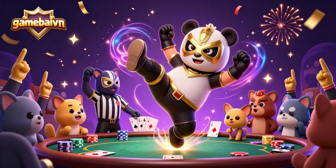 gamebaivn showcases a vibrant poker scene with a panda and chihuahua, lively and engaging!