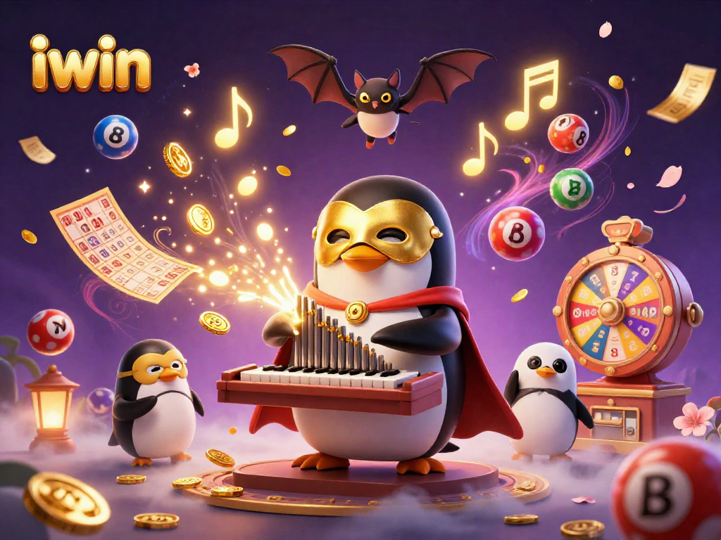 Experience exciting gameplay with iwin as a penguin plays organ, launching golden coins.